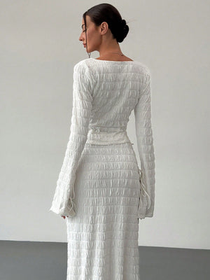 Women's Elegant And Chic V Neck Tie Front Crop Top And Low Rise Low Waist Textured Skirt Two Piece Set Long Sleeve Shirt With Skirt Sets Women Skirt Set Fall Women Skirts Casual Two Piece SetFall Two Piece Sets - Negative Apparel