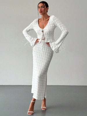 Women's Elegant And Chic V Neck Tie Front Crop Top And Low Rise Low Waist Textured Skirt Two Piece Set Long Sleeve Shirt With Skirt Sets Women Skirt Set Fall Women Skirts Casual Two Piece SetFall Two Piece Sets - Negative Apparel