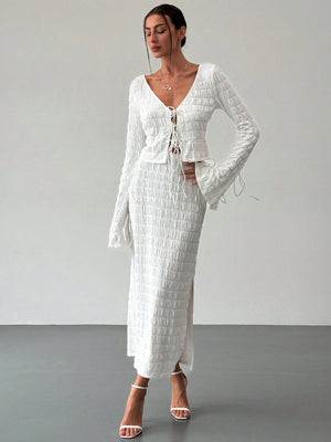 Women's Elegant And Chic V Neck Tie Front Crop Top And Low Rise Low Waist Textured Skirt Two Piece Set Long Sleeve Shirt With Skirt Sets Women Skirt Set Fall Women Skirts Casual Two Piece SetFall Two Piece Sets - Negative Apparel