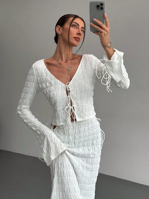 Women's Elegant And Chic V Neck Tie Front Crop Top And Low Rise Low Waist Textured Skirt Two Piece Set Long Sleeve Shirt With Skirt Sets Women Skirt Set Fall Women Skirts Casual Two Piece SetFall Two Piece Sets - Negative Apparel