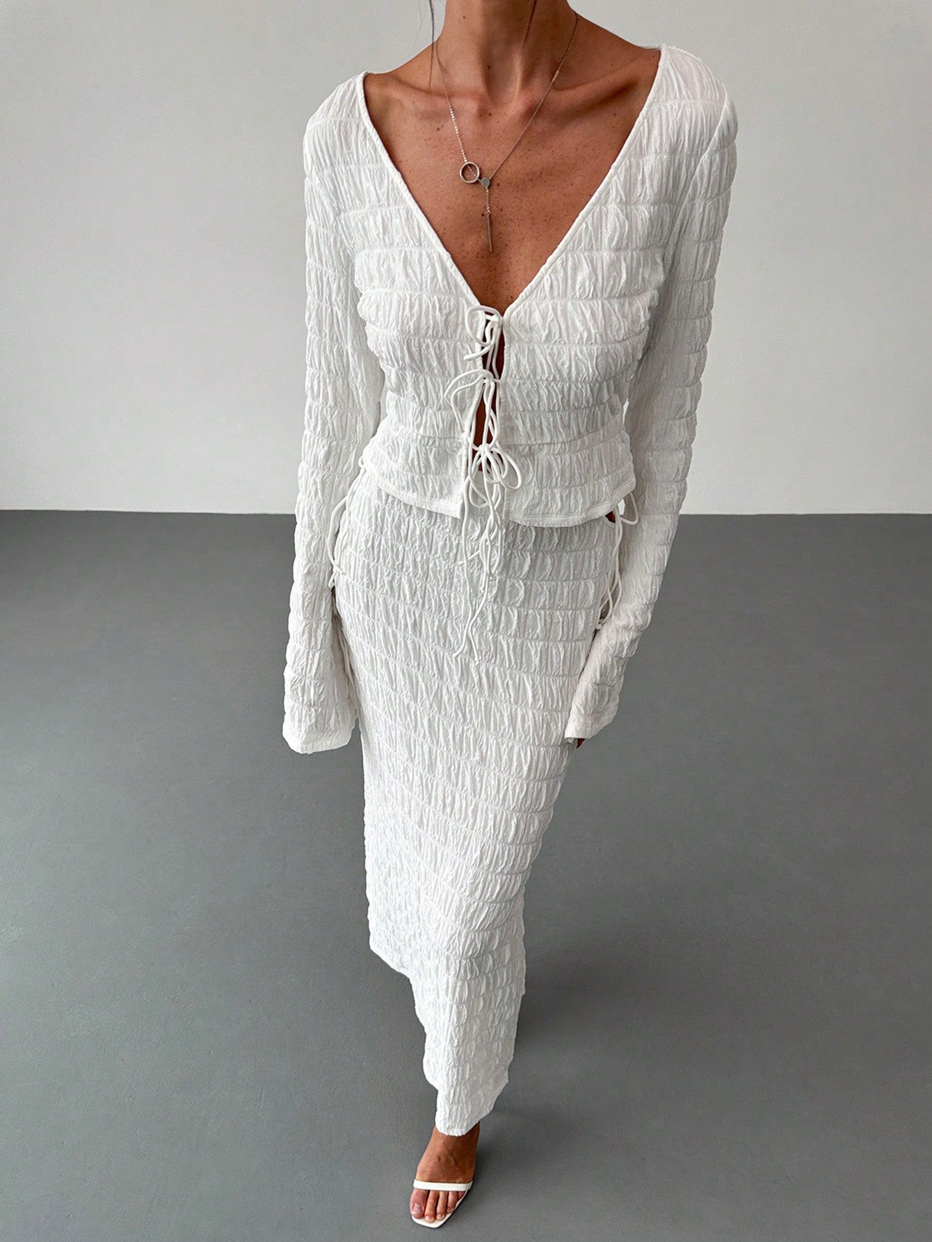 Women's Elegant And Chic V Neck Tie Front Crop Top And Low Rise Low Waist Textured Skirt Two Piece Set Long Sleeve Shirt With Skirt Sets Women Skirt Set Fall Women Skirts Casual Two Piece SetFall Two Piece Sets - Negative Apparel