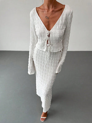 Women's Elegant And Chic V Neck Tie Front Crop Top And Low Rise Low Waist Textured Skirt Two Piece Set Long Sleeve Shirt With Skirt Sets Women Skirt Set Fall Women Skirts Casual Two Piece SetFall Two Piece Sets - Negative Apparel