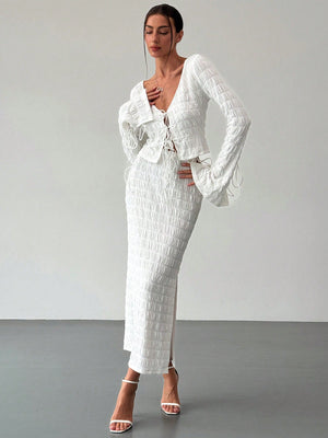 Women's Elegant And Chic V Neck Tie Front Crop Top And Low Rise Low Waist Textured Skirt Two Piece Set Long Sleeve Shirt With Skirt Sets Women Skirt Set Fall Women Skirts Casual Two Piece SetFall Two Piece Sets - Negative Apparel