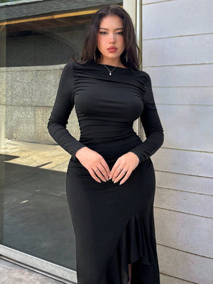 Women's Elegant Black Asymmetrical Ruffle Slim Pleated Long Dresse - Negative Apparel