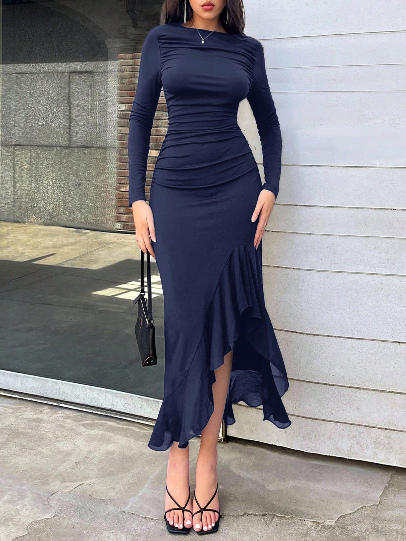 Women's Elegant Black Asymmetrical Ruffle Slim Pleated Long Dresse - Negative Apparel