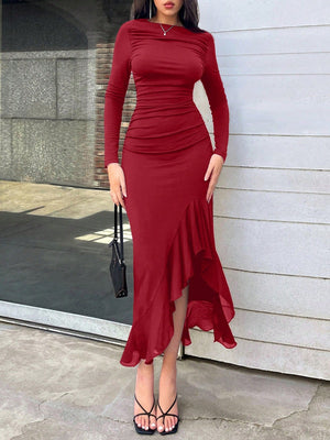 Women's Elegant Black Asymmetrical Ruffle Slim Pleated Long Dresse - Negative Apparel