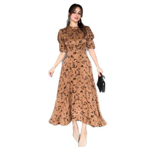 Women’s Elegant Fairy Long Dress – Solid Color Lace - Up High - Waist Dress with Crew Neck & Five - Quarter Sleeves | Temperament Commuter Style - Negative Apparel