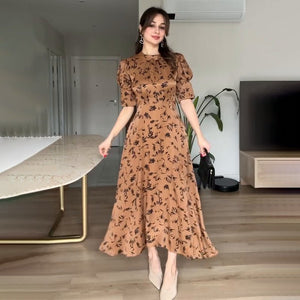 Women’s Elegant Fairy Long Dress – Solid Color Lace - Up High - Waist Dress with Crew Neck & Five - Quarter Sleeves | Temperament Commuter Style - Negative Apparel