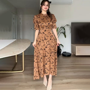 Women’s Elegant Fairy Long Dress – Solid Color Lace - Up High - Waist Dress with Crew Neck & Five - Quarter Sleeves | Temperament Commuter Style - Negative Apparel