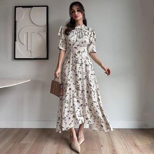 Women’s Elegant Fairy Long Dress – Solid Color Lace - Up High - Waist Dress with Crew Neck & Five - Quarter Sleeves | Temperament Commuter Style - Negative Apparel