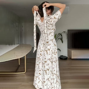 Women’s Elegant Fairy Long Dress – Solid Color Lace - Up High - Waist Dress with Crew Neck & Five - Quarter Sleeves | Temperament Commuter Style - Negative Apparel