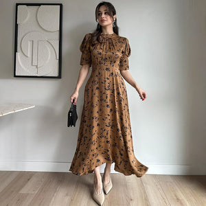 Women’s Elegant Fairy Long Dress – Solid Color Lace - Up High - Waist Dress with Crew Neck & Five - Quarter Sleeves | Temperament Commuter Style - Negative Apparel