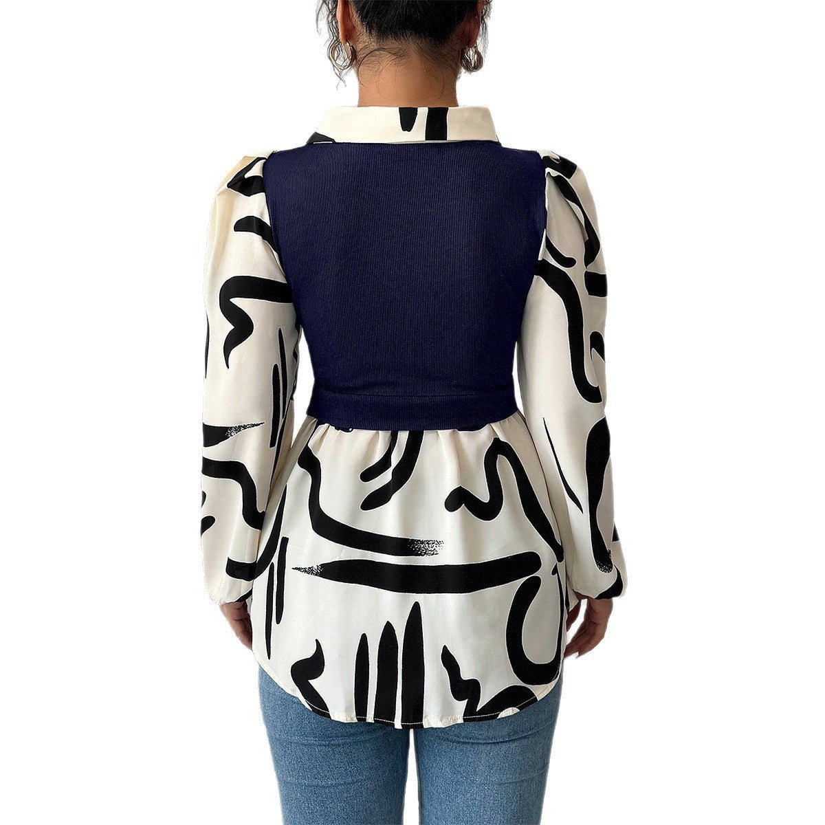 Women’s Elegant Fake Two - Piece Printed Shirt | Contrasting Color Bubble Sleeve Blouse - Negative Apparel