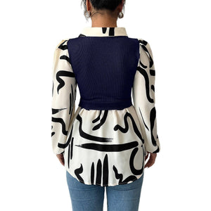 Women’s Elegant Fake Two - Piece Printed Shirt | Contrasting Color Bubble Sleeve Blouse - Negative Apparel