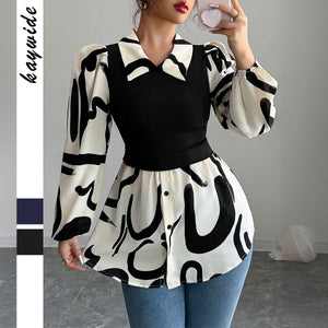 Women’s Elegant Fake Two - Piece Printed Shirt | Contrasting Color Bubble Sleeve Blouse - Negative Apparel