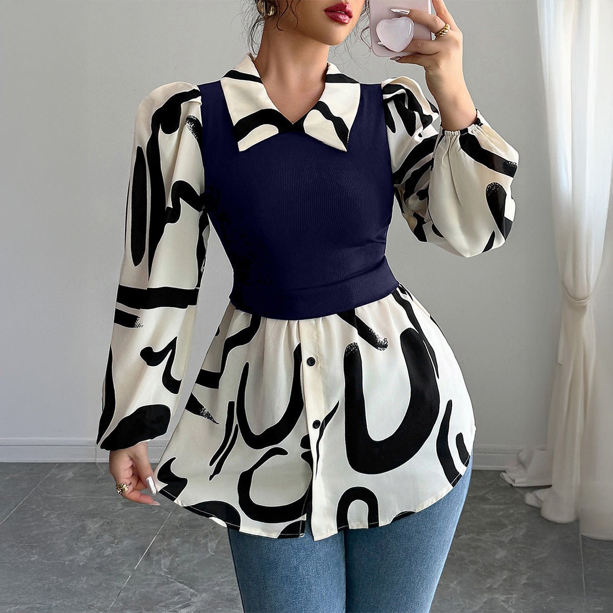 Women’s Elegant Fake Two - Piece Printed Shirt | Contrasting Color Bubble Sleeve Blouse - Negative Apparel