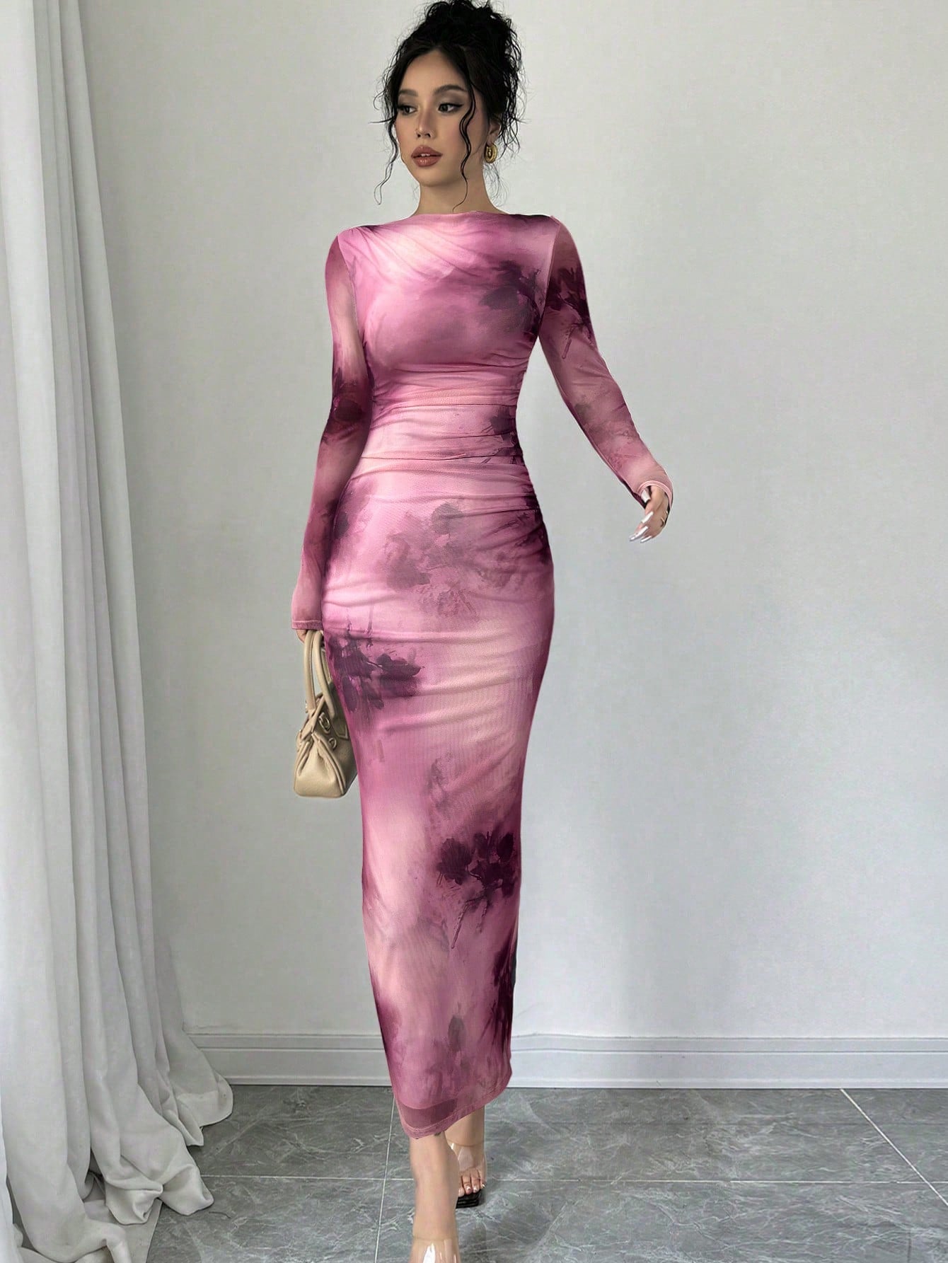 Women's Elegant Long Sleeve Tie - Dye Print Pleated Dress,Tie Dye Printed Long Sleeve Long Maxi Bodycon Elegant Dress, Asymmetric Collar Long Sleeve Elegant Dress For Dating - Negative Apparel