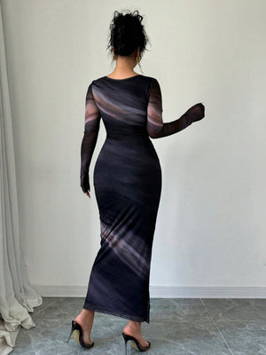 Women's Elegant Long Sleeve Tie - Dye Print Pleated Dress,Tie Dye Printed Long Sleeve Long Maxi Bodycon Elegant Dress, Asymmetric Collar Long Sleeve Elegant Dress For Dating - Negative Apparel