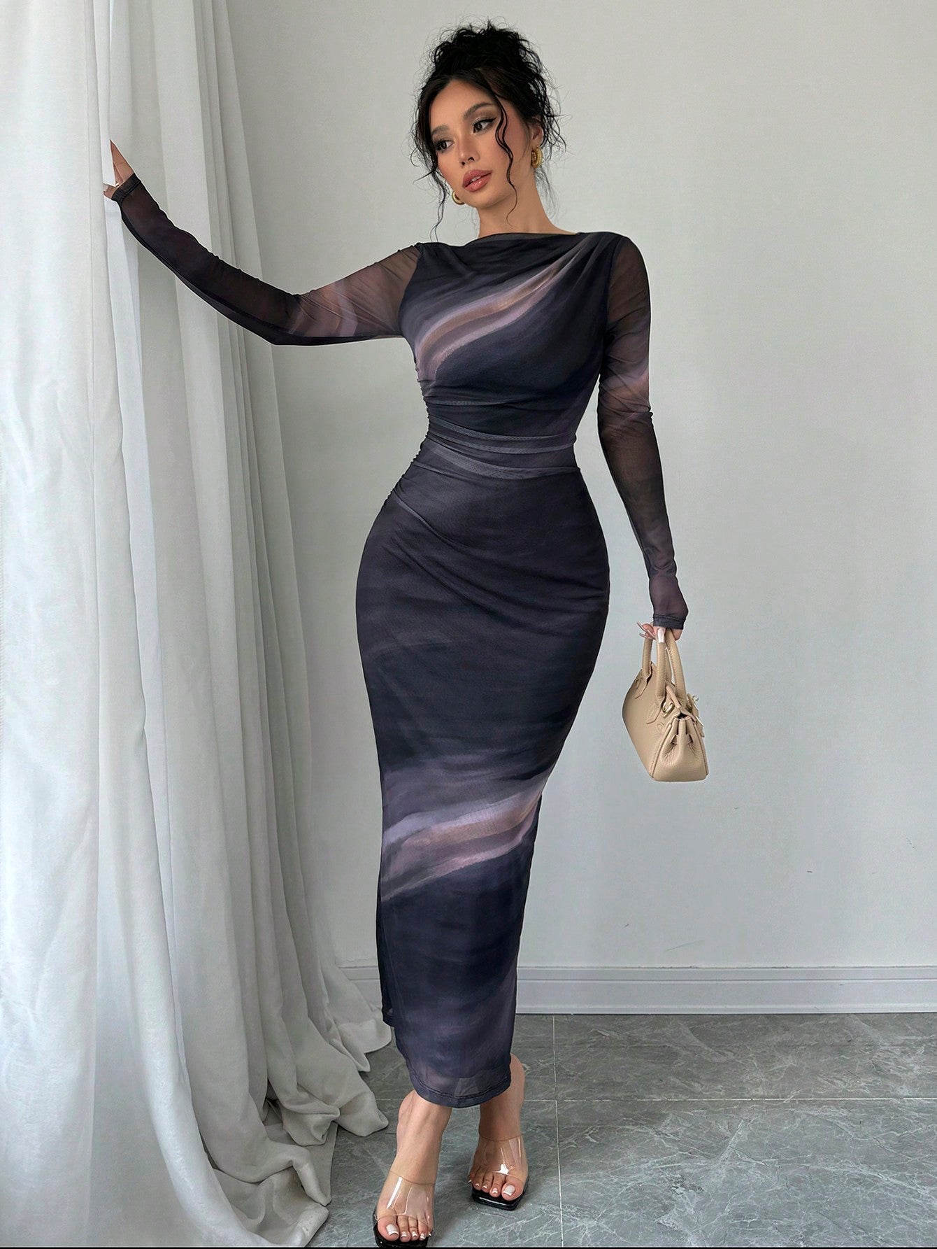 Women's Elegant Long Sleeve Tie - Dye Print Pleated Dress,Tie Dye Printed Long Sleeve Long Maxi Bodycon Elegant Dress, Asymmetric Collar Long Sleeve Elegant Dress For Dating - Negative Apparel