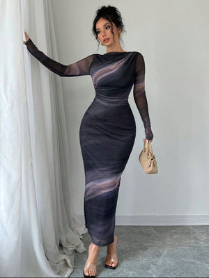 Women's Elegant Long Sleeve Tie - Dye Print Pleated Dress,Tie Dye Printed Long Sleeve Long Maxi Bodycon Elegant Dress, Asymmetric Collar Long Sleeve Elegant Dress For Dating - Negative Apparel