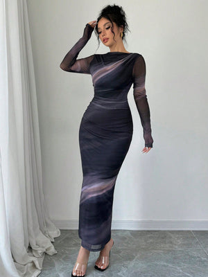 Women's Elegant Long Sleeve Tie - Dye Print Pleated Dress,Tie Dye Printed Long Sleeve Long Maxi Bodycon Elegant Dress, Asymmetric Collar Long Sleeve Elegant Dress For Dating - Negative Apparel
