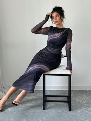 Women's Elegant Long Sleeve Tie - Dye Print Pleated Dress,Tie Dye Printed Long Sleeve Long Maxi Bodycon Elegant Dress, Asymmetric Collar Long Sleeve Elegant Dress For Dating - Negative Apparel