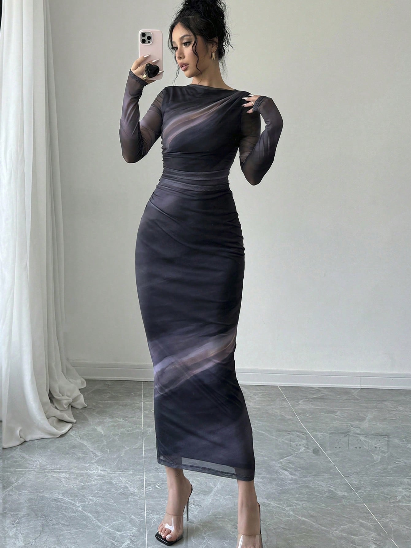 Women's Elegant Long Sleeve Tie - Dye Print Pleated Dress,Tie Dye Printed Long Sleeve Long Maxi Bodycon Elegant Dress, Asymmetric Collar Long Sleeve Elegant Dress For Dating - Negative Apparel