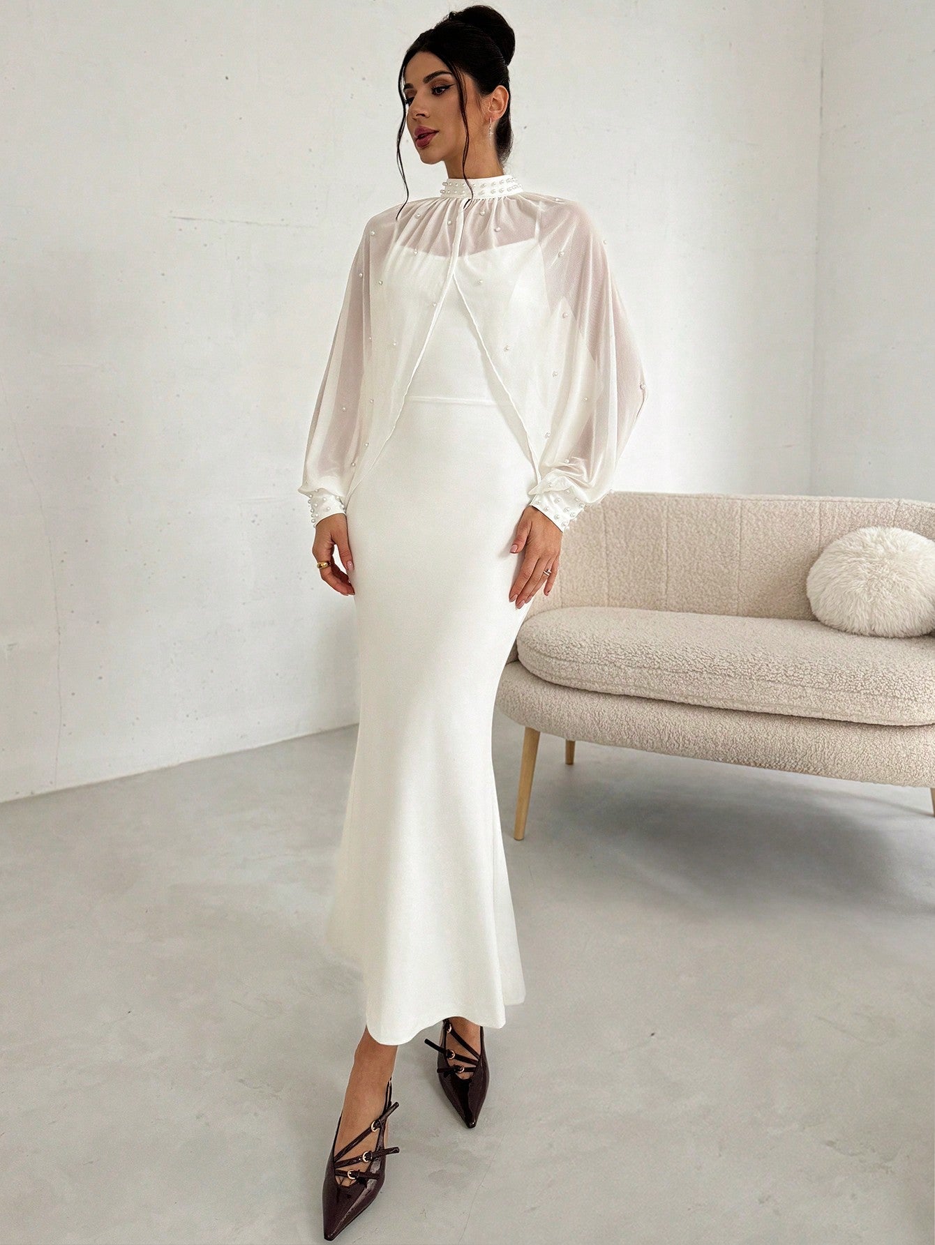 Women's Elegant Minimalist Exquisite Romantic Charming Pearl Mesh Long Sleeve Top And Strappy Form - Fitting Fishtail Dress 2 - Piece Set, White - Negative Apparel