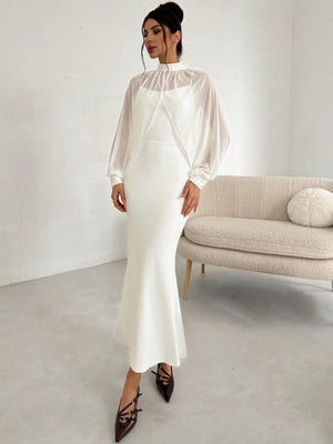 Women's Elegant Minimalist Exquisite Romantic Charming Pearl Mesh Long Sleeve Top And Strappy Form - Fitting Fishtail Dress 2 - Piece Set, White - Negative Apparel