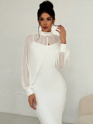 Women's Elegant Minimalist Exquisite Romantic Charming Pearl Mesh Long Sleeve Top And Strappy Form - Fitting Fishtail Dress 2 - Piece Set, White - Negative Apparel