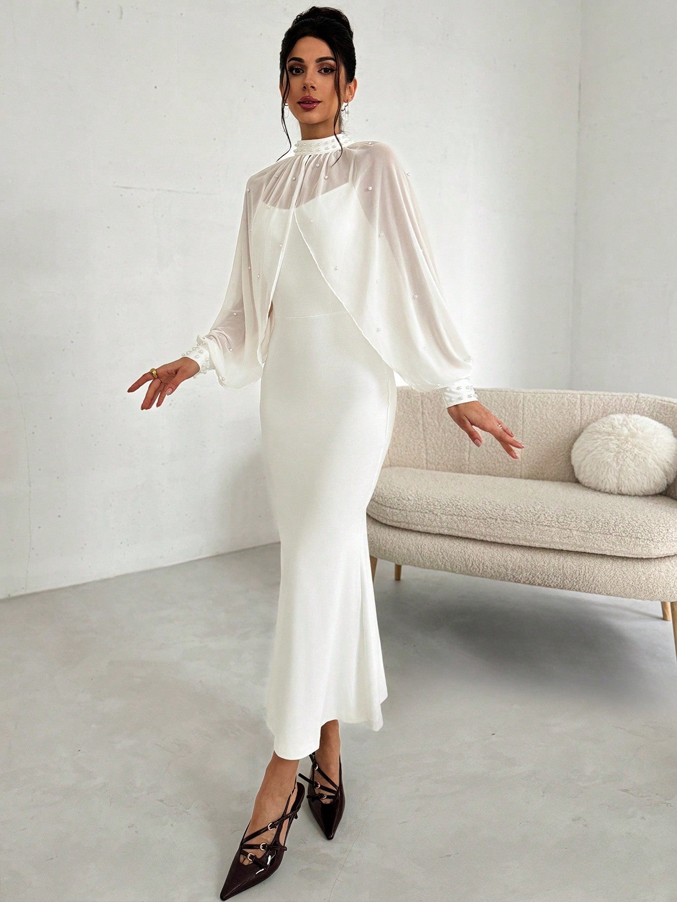 Women's Elegant Minimalist Exquisite Romantic Charming Pearl Mesh Long Sleeve Top And Strappy Form - Fitting Fishtail Dress 2 - Piece Set, White - Negative Apparel