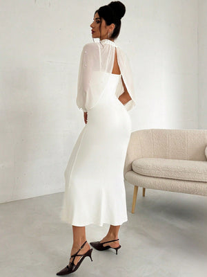 Women's Elegant Minimalist Exquisite Romantic Charming Pearl Mesh Long Sleeve Top And Strappy Form - Fitting Fishtail Dress 2 - Piece Set, White - Negative Apparel