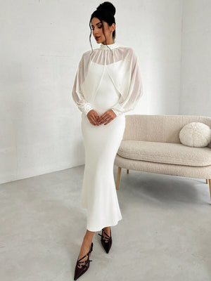 Women's Elegant Minimalist Exquisite Romantic Charming Pearl Mesh Long Sleeve Top And Strappy Form - Fitting Fishtail Dress 2 - Piece Set, White - Negative Apparel