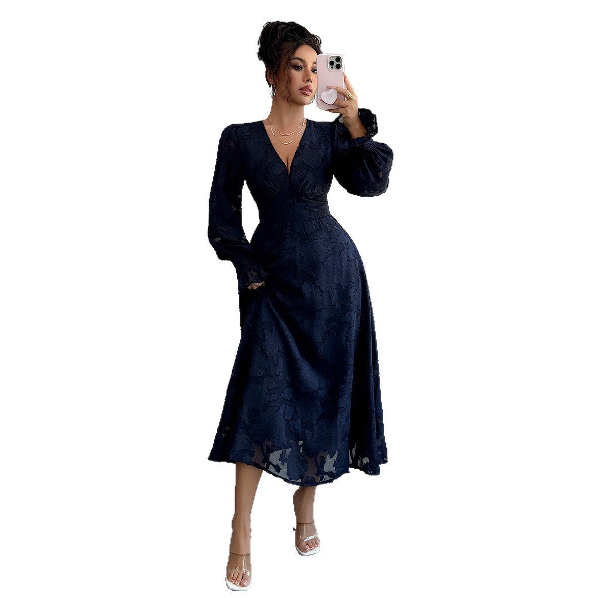 Women’s Elegant Navy Blue A - Line Long Dress | V - Neck & Long Sleeves – Autumn 2025 Collection - Negative Apparel