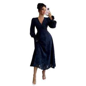 Women’s Elegant Navy Blue A - Line Long Dress | V - Neck & Long Sleeves – Autumn 2025 Collection - Negative Apparel