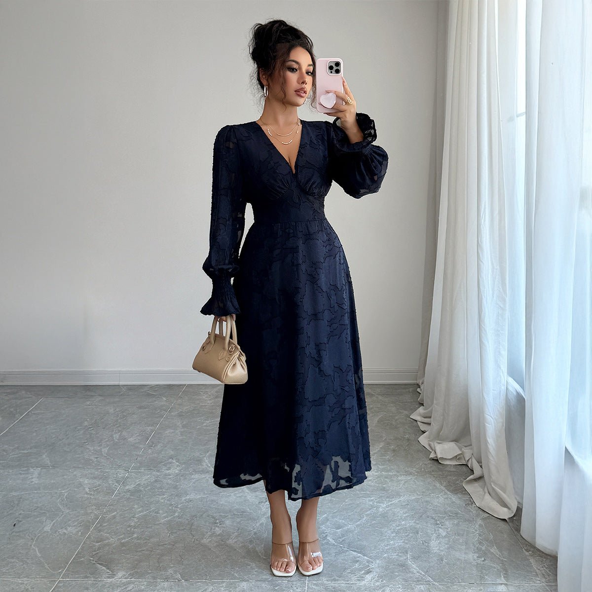Women’s Elegant Navy Blue A - Line Long Dress | V - Neck & Long Sleeves – Autumn 2025 Collection - Negative Apparel