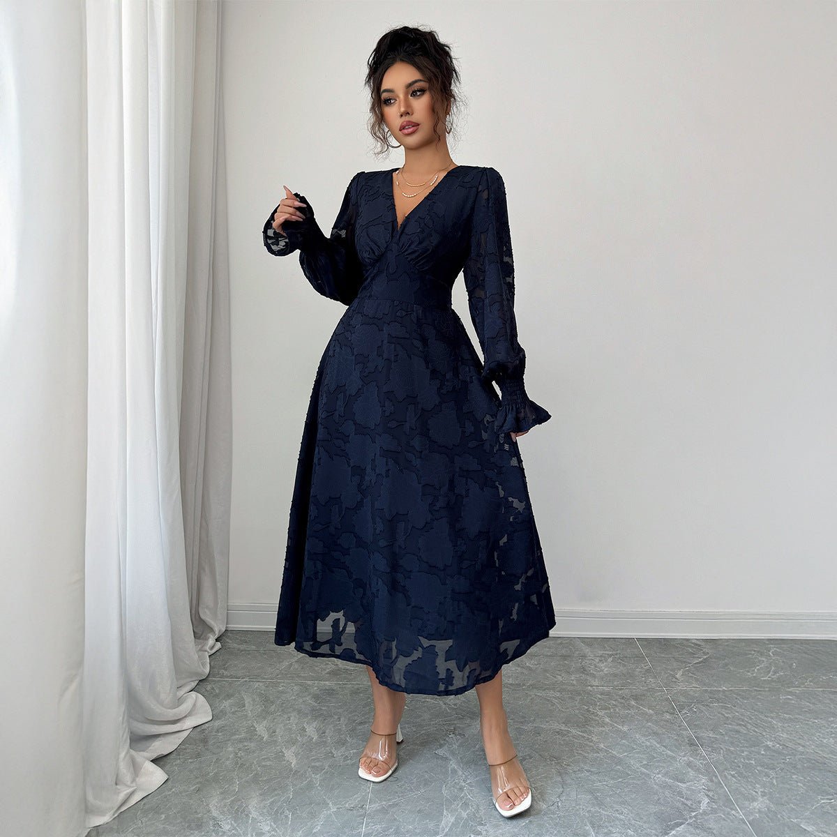 Women’s Elegant Navy Blue A - Line Long Dress | V - Neck & Long Sleeves – Autumn 2025 Collection - Negative Apparel