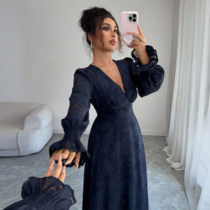 Women’s Elegant Navy Blue A - Line Long Dress | V - Neck & Long Sleeves – Autumn 2025 Collection - Negative Apparel