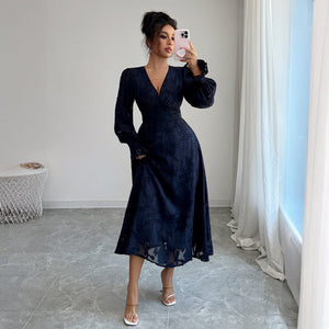 Women’s Elegant Navy Blue A - Line Long Dress | V - Neck & Long Sleeves – Autumn 2025 Collection - Negative Apparel