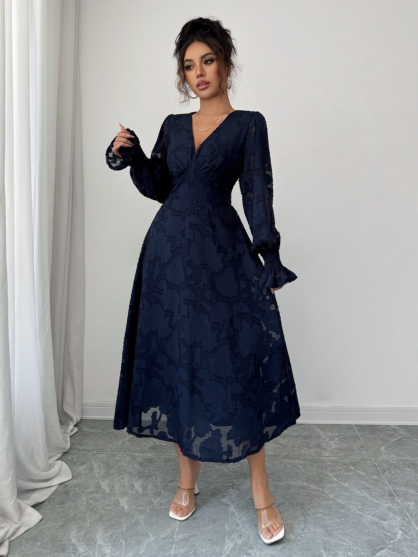 Women’s Elegant Navy Blue A - Line Long Dress | V - Neck & Long Sleeves – Autumn 2025 Collection - Negative Apparel