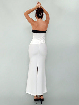 Women's Elegant New Autumn Winter Sexy Fashionable Office Wear Black And White Contrast Color Bustier Top And High Slit Bodycon Skirt Suit 2pcs/Set Women Skirt Set Women Suit Set Two Piece - Negative Apparel