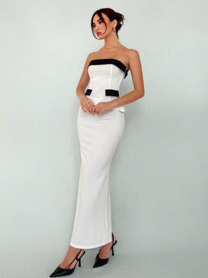 Women's Elegant New Autumn Winter Sexy Fashionable Office Wear Black And White Contrast Color Bustier Top And High Slit Bodycon Skirt Suit 2pcs/Set Women Skirt Set Women Suit Set Two Piece - Negative Apparel