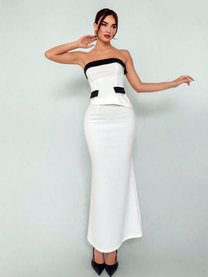 Women's Elegant New Autumn Winter Sexy Fashionable Office Wear Black And White Contrast Color Bustier Top And High Slit Bodycon Skirt Suit 2pcs/Set Women Skirt Set Women Suit Set Two Piece - Negative Apparel