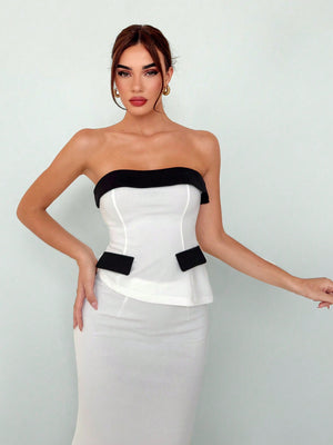 Women's Elegant New Autumn Winter Sexy Fashionable Office Wear Black And White Contrast Color Bustier Top And High Slit Bodycon Skirt Suit 2pcs/Set Women Skirt Set Women Suit Set Two Piece - Negative Apparel