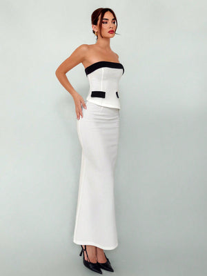 Women's Elegant New Autumn Winter Sexy Fashionable Office Wear Black And White Contrast Color Bustier Top And High Slit Bodycon Skirt Suit 2pcs/Set Women Skirt Set Women Suit Set Two Piece - Negative Apparel