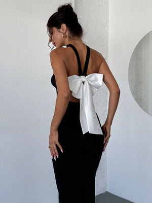 Women's Elegant Romantic Colorblock Backless Contrast Bow Tie Dress - Negative Apparel