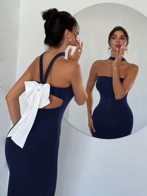 Women's Elegant Romantic Colorblock Backless Contrast Bow Tie Dress - Negative Apparel