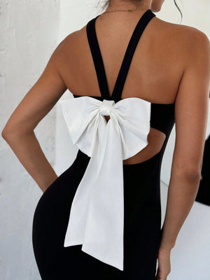 Women's Elegant Romantic Colorblock Backless Contrast Bow Tie Dress - Negative Apparel