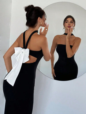 Women's Elegant Romantic Colorblock Backless Contrast Bow Tie Dress - Negative Apparel