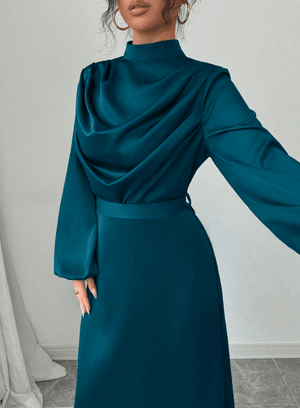 Women's Elegant Satin Shiny Ruched Drape Collar Long Sleeve Flared Dress - Negative Apparel